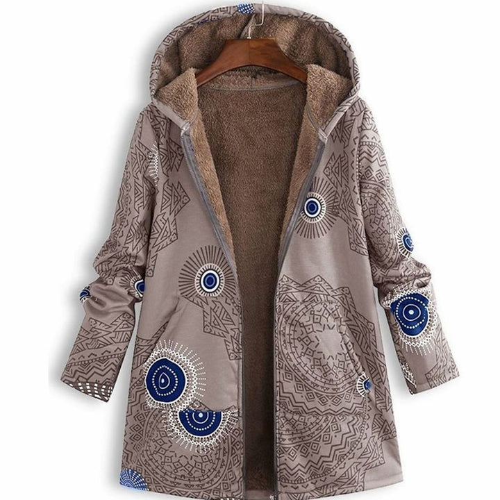 Women's Fleece-Lined Hooded Floral Coat Long-Sleeve Zip-Up Jacket - Grey