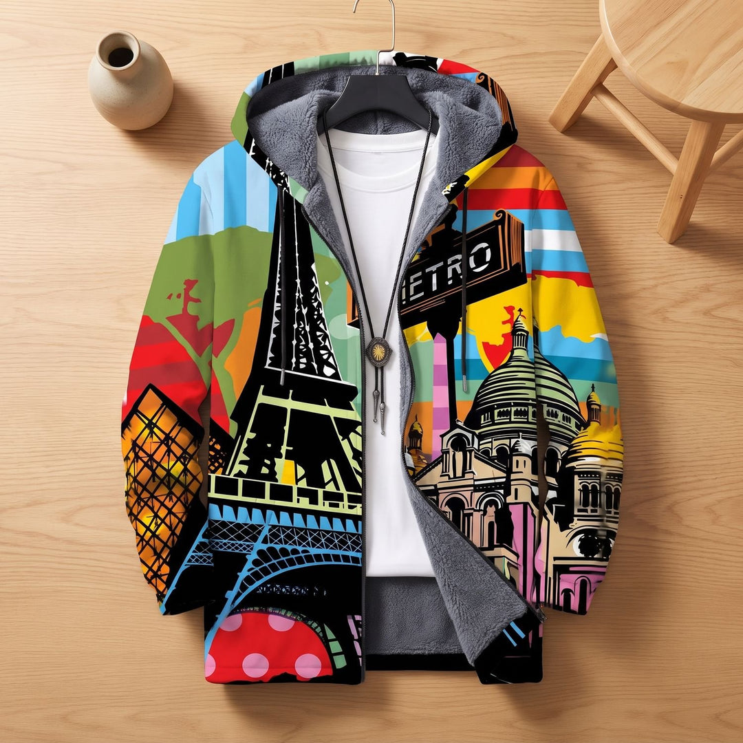 Women's Fleece-Lined Hooded Paris Print Zip-Up Jacket - Multicolor