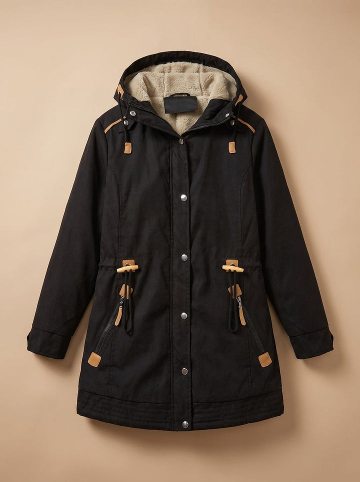 Women's Fleece-Lined Hooded Parka Winter Coat Adjustable Waist - Black