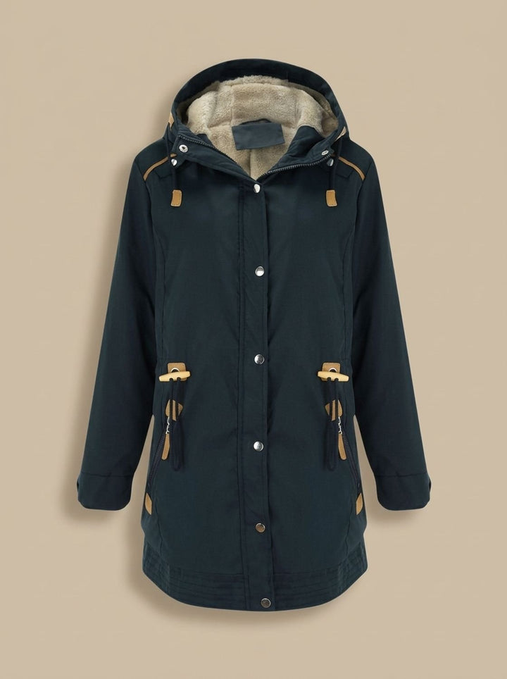 Women's Fleece-Lined Hooded Parka Winter Coat Adjustable Waist - Navy Blue