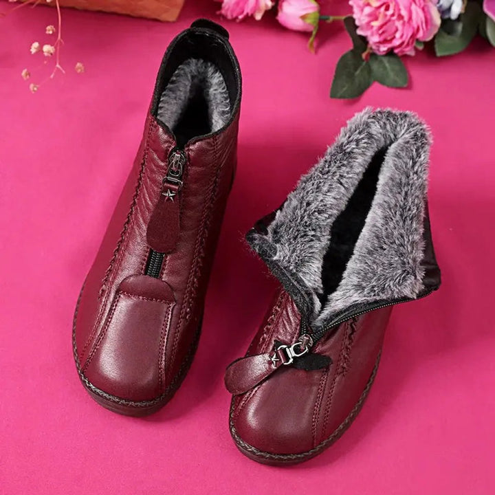 Women's Fleece-Lined Non-Slip Leather Zipper Ankle Boots