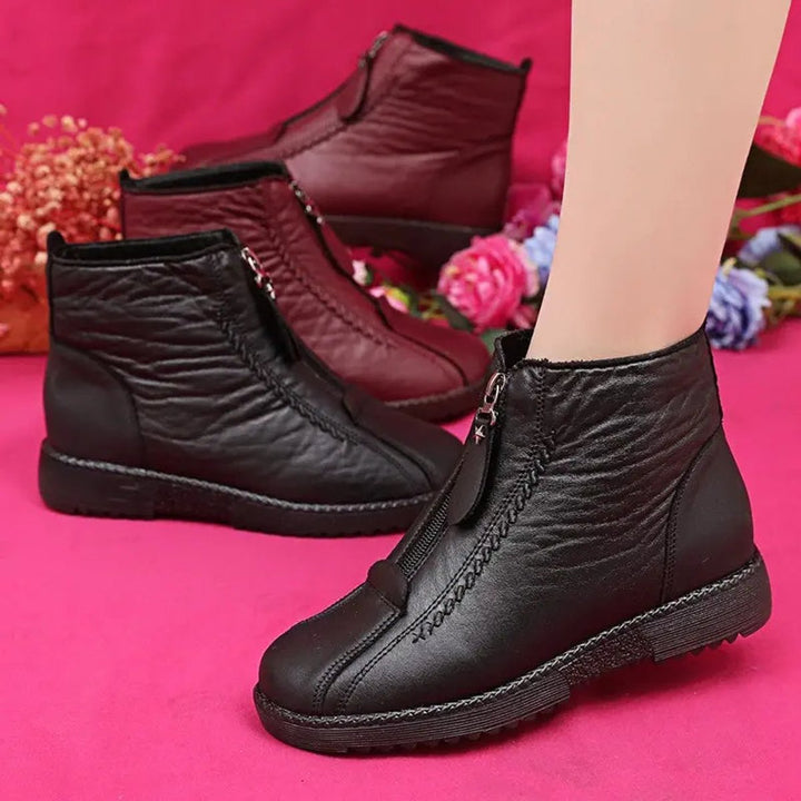 Women's Fleece-Lined Non-Slip Leather Zipper Ankle Boots