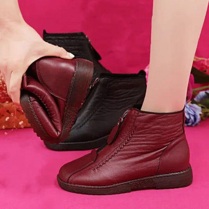 Women's Fleece-Lined Non-Slip Leather Zipper Ankle Boots