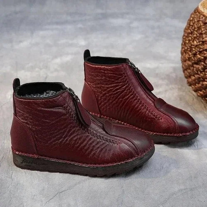 Women's Fleece-Lined Non-Slip Leather Zipper Ankle Boots - Red