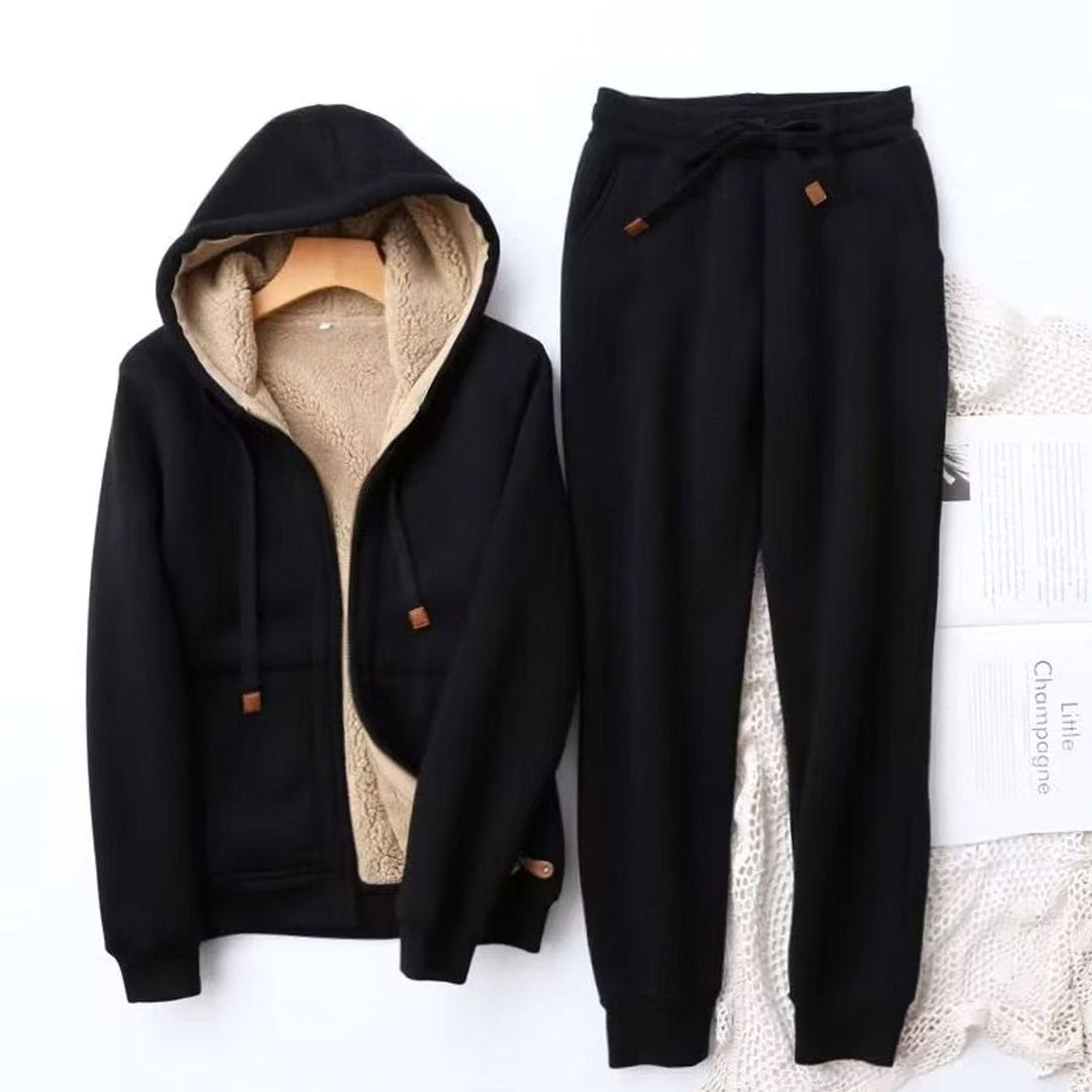 Women's Fleece-Lined Winter Hoodie Jogger Set Sherpa - Black