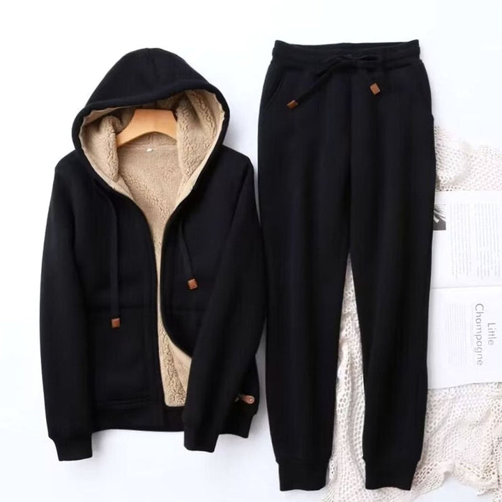 Women's Fleece-Lined Winter Hoodie Jogger Set Sherpa - Black