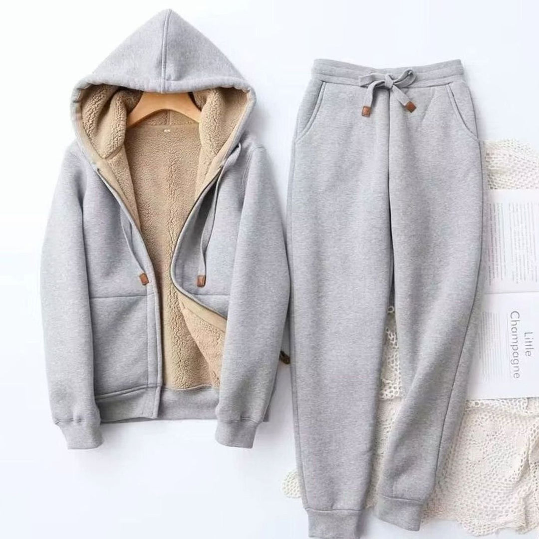 Women's Fleece-Lined Winter Hoodie Jogger Set Sherpa - Grey