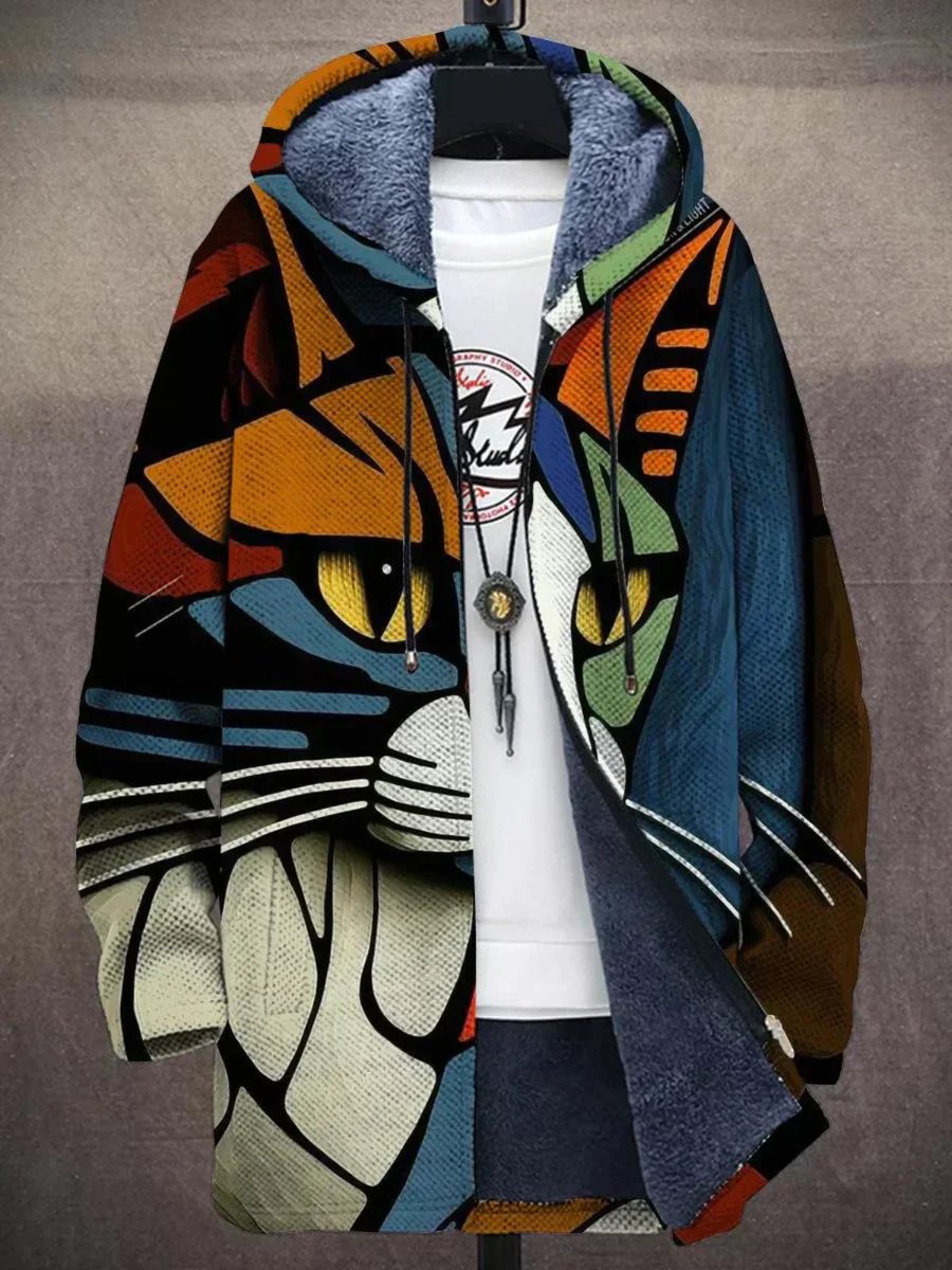 Women's Fleece-Lined Zip-Up Hooded Art Print Sweater Cardigan - Cat
