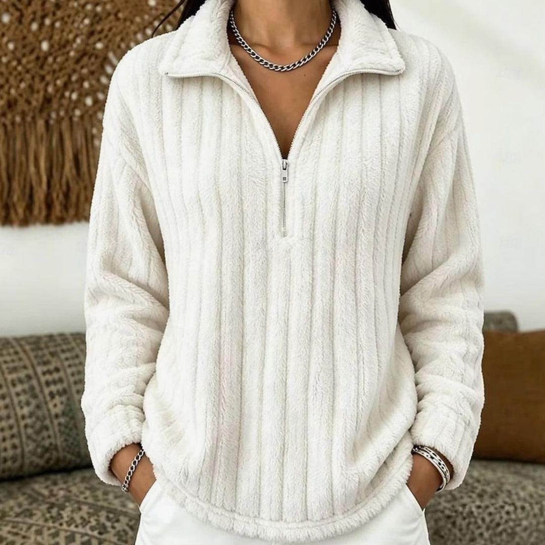Women's Fleece Quarter-Zip Pullover Sweater Relaxed Fit - White