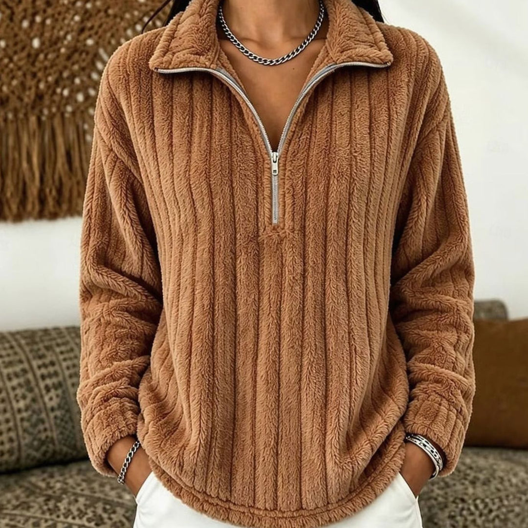 Women's Fleece Quarter-Zip Pullover Sweater Relaxed Fit - Light Brown