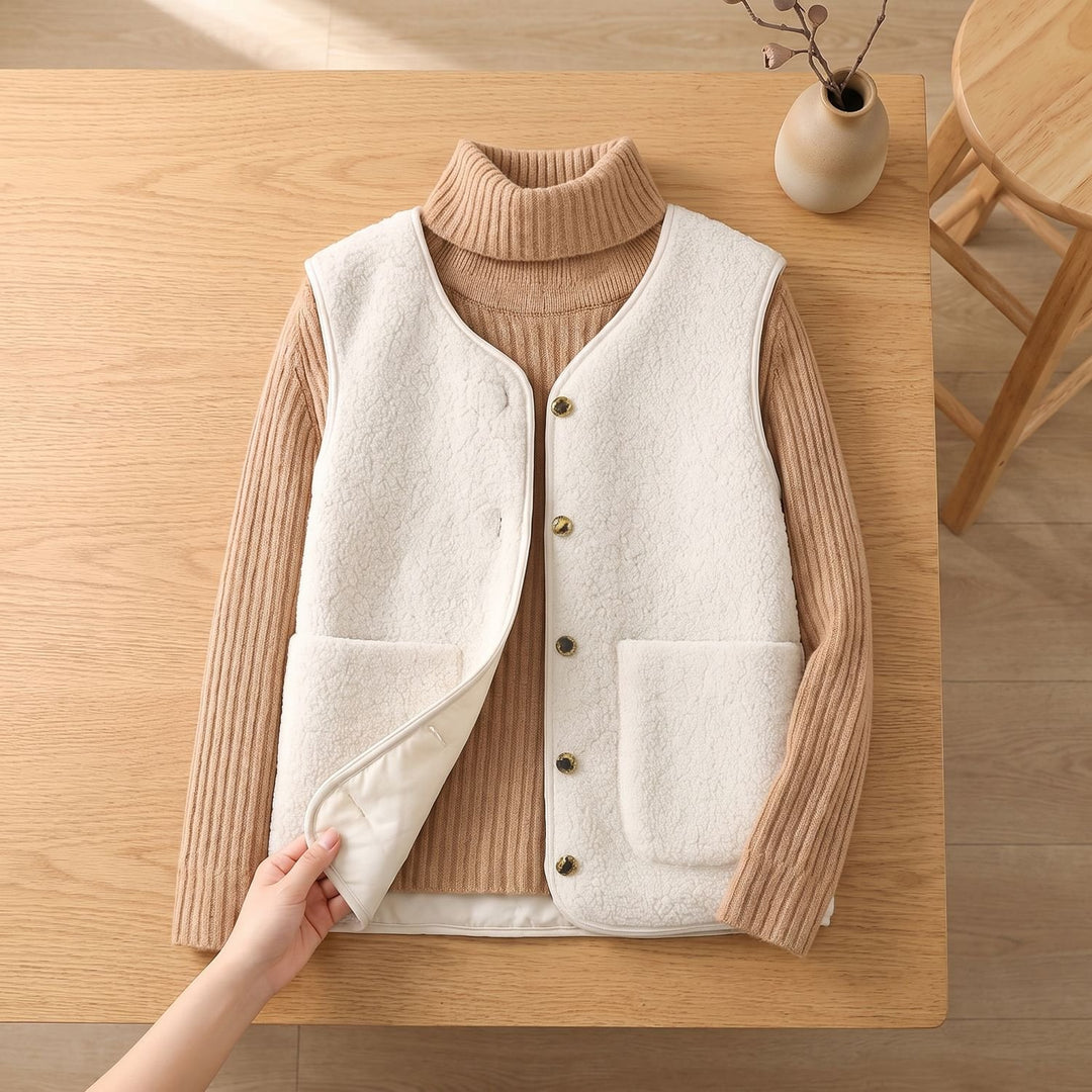 Women's Fleece Sleeveless Button-Front Vest Cardigan - White