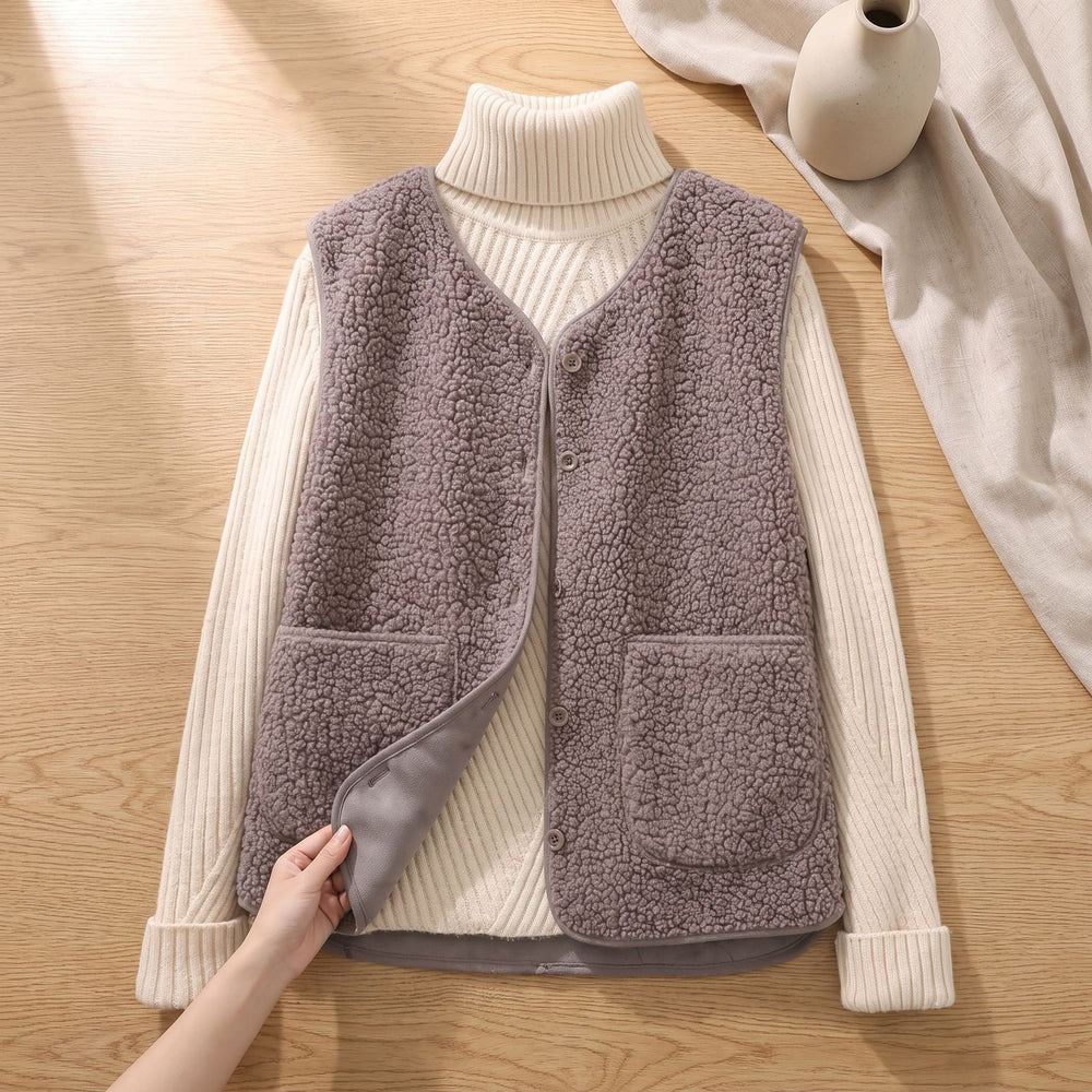 Women's Fleece Sleeveless Button-Front Vest Cardigan - Beige