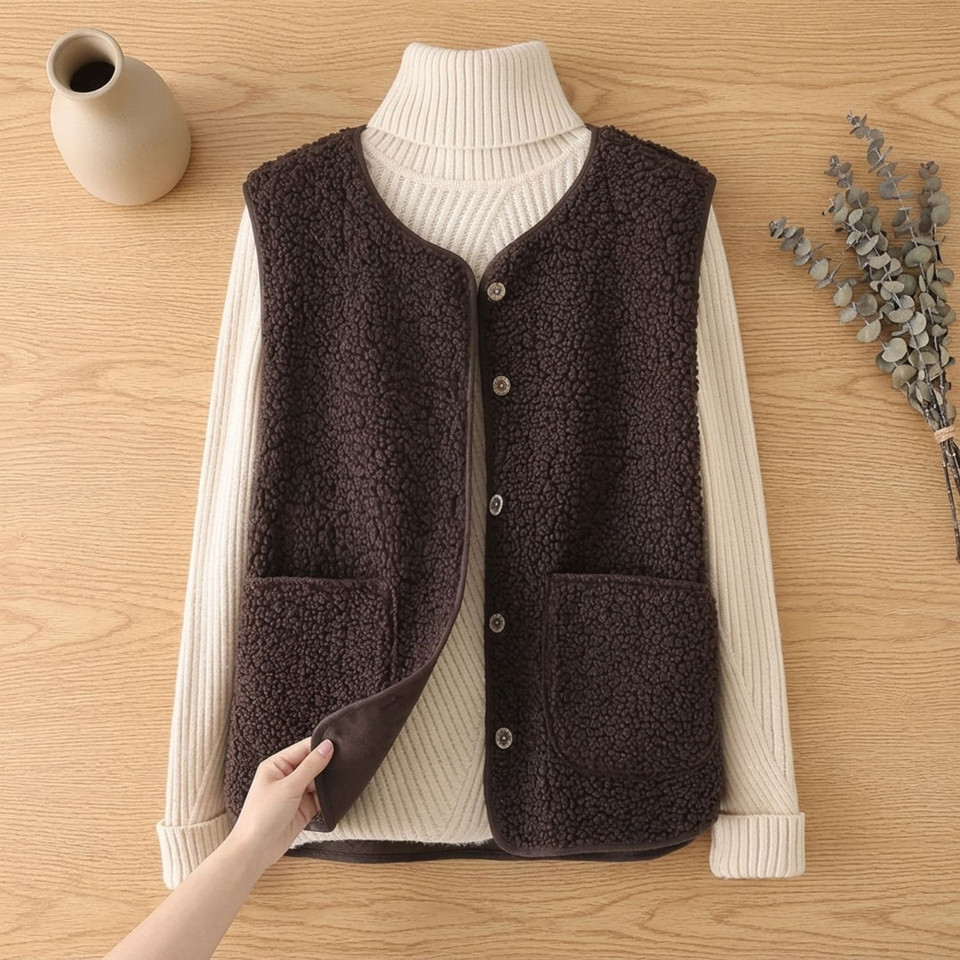 Women's Fleece Sleeveless Button-Front Vest Cardigan - Dark Coffee