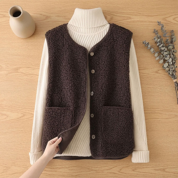 Women's Fleece Sleeveless Button-Front Vest Cardigan - Dark Coffee
