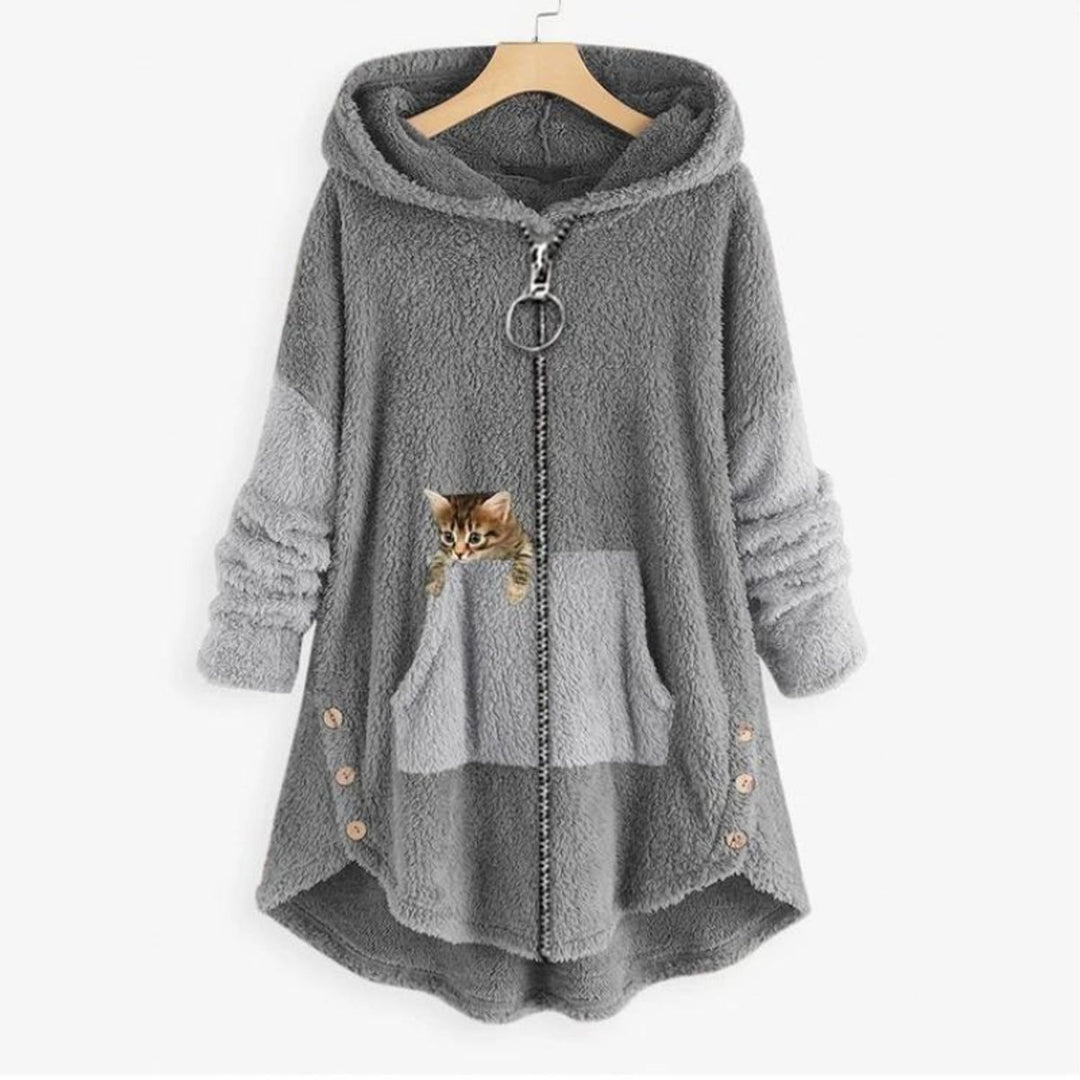 Women's Fleece Zip-Up Hooded Sweater Cat Pocket Plush Coat - Gray