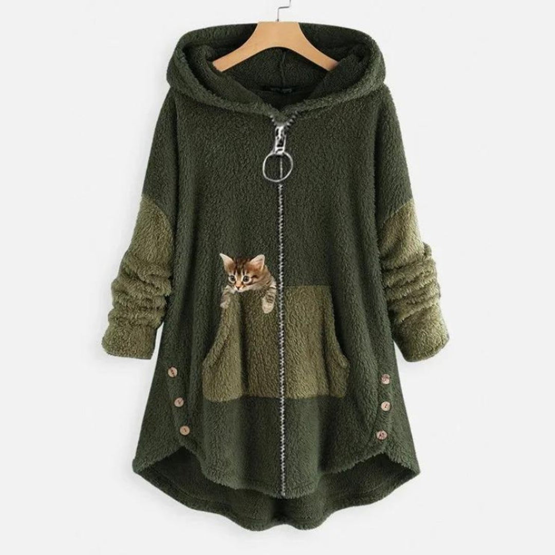 Women's Fleece Zip-Up Hooded Sweater Cat Pocket Plush Coat - Green