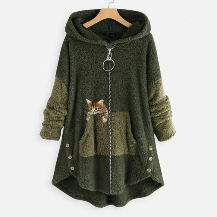 Women's Fleece Zip-Up Hooded Sweater Cat Pocket Plush Coat - Green
