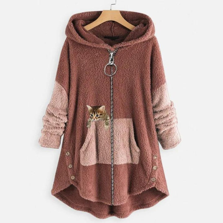 Women's Fleece Zip-Up Hooded Sweater Cat Pocket Plush Coat - Pink