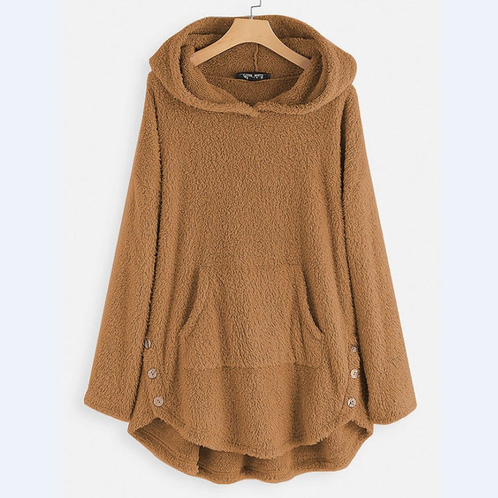 Women's Fleece Zip-Up Hooded Sweater Cat Pocket Plush Coat - Beige