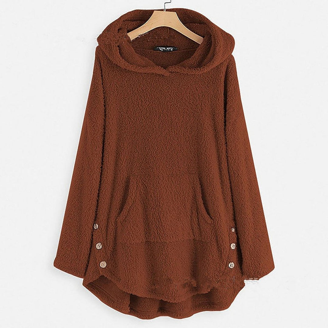 Women's Fleece Zip-Up Hooded Sweater Cat Pocket Plush Coat - Burgundy