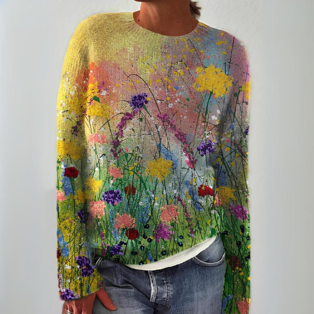Women's Floral Art Print Long-Sleeve Knit Sweater - Multicolor