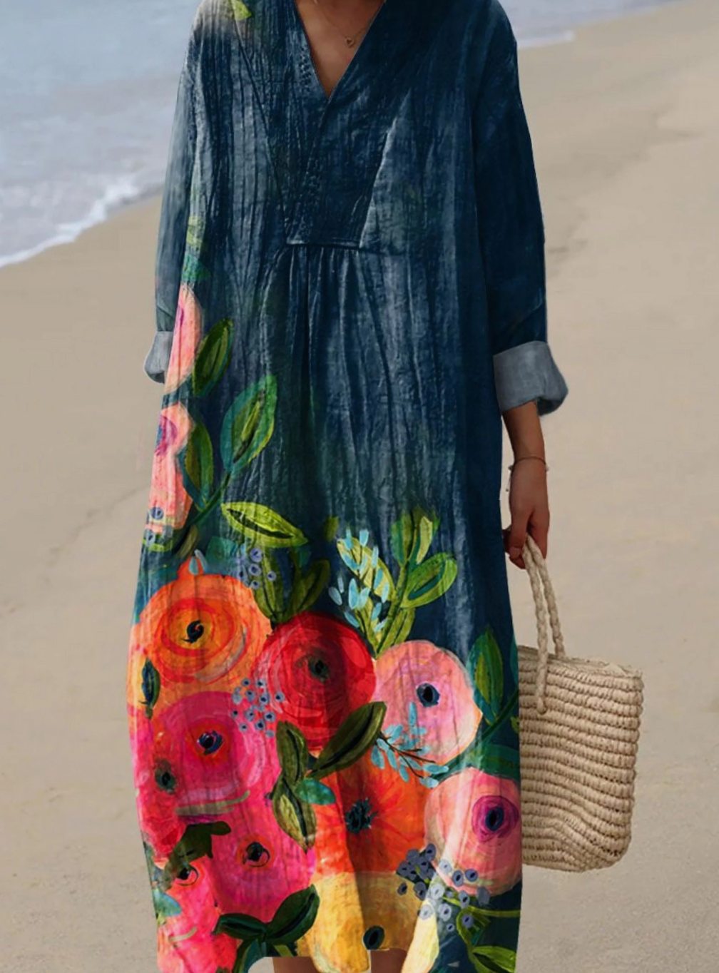 Women's Floral Art Print Long Sleeve Oversized Dress - Multicolor