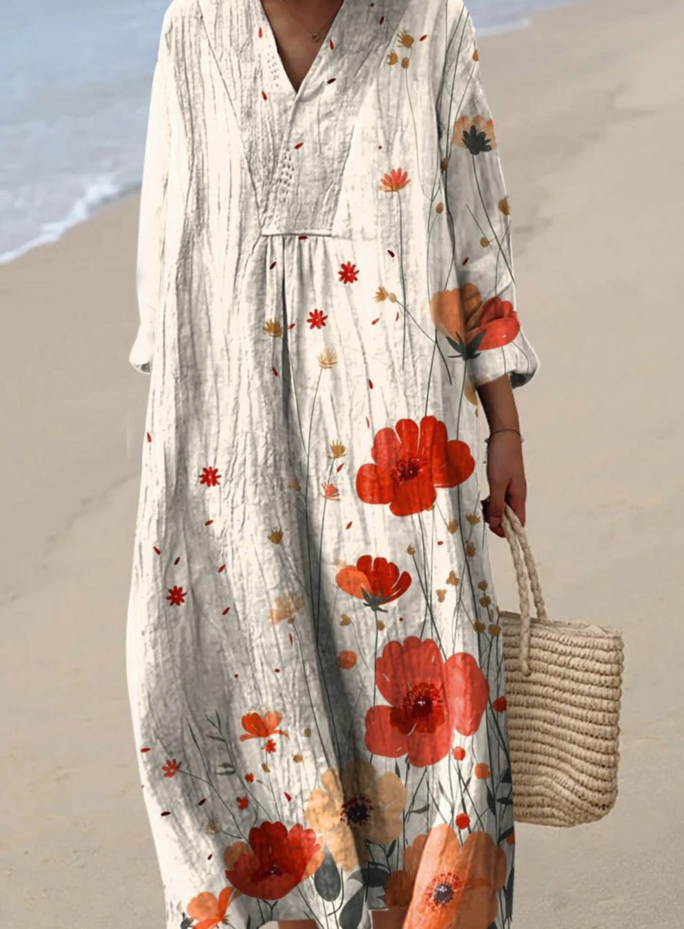 Women's Floral Art Print Long Sleeve V-Neck Fall Dress - Multicolor