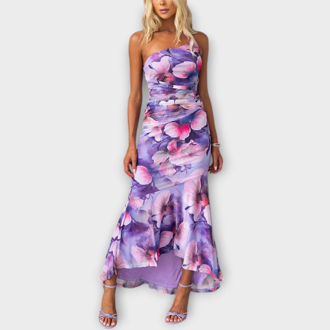 Women's Floral Asymmetric-Neck Ruched Mesh Maxi Dress - Purple