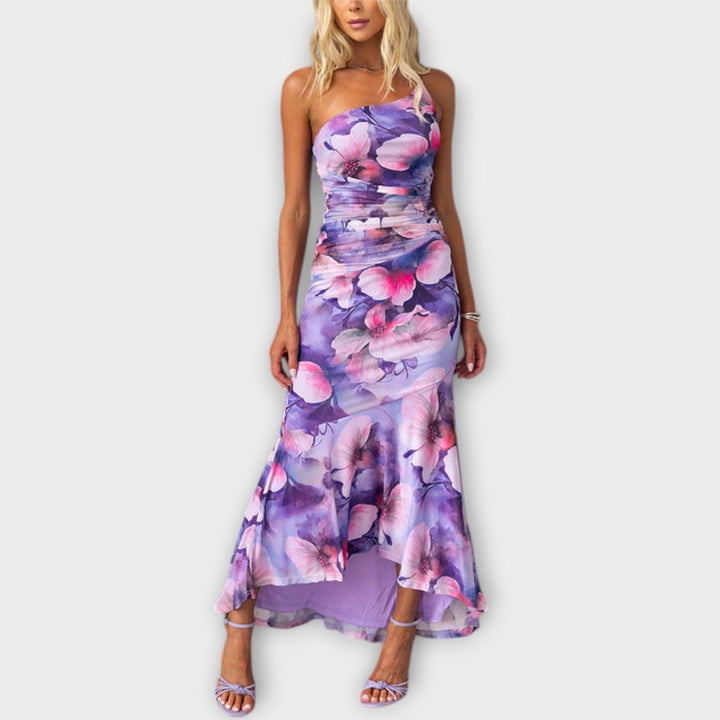 Women's Floral Asymmetric-Neck Ruched Mesh Maxi Dress - Purple