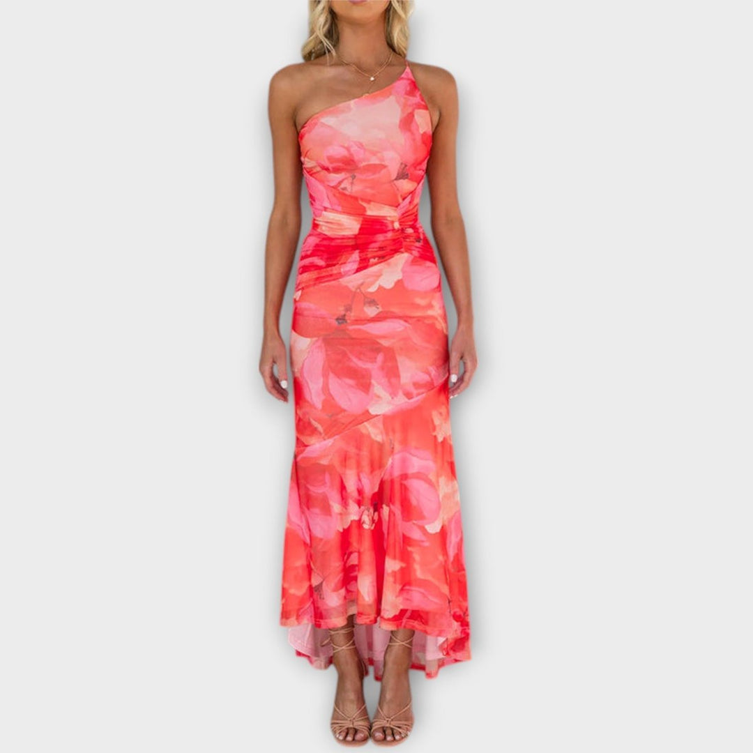 Women's Floral Asymmetric-Neck Ruched Mesh Maxi Dress