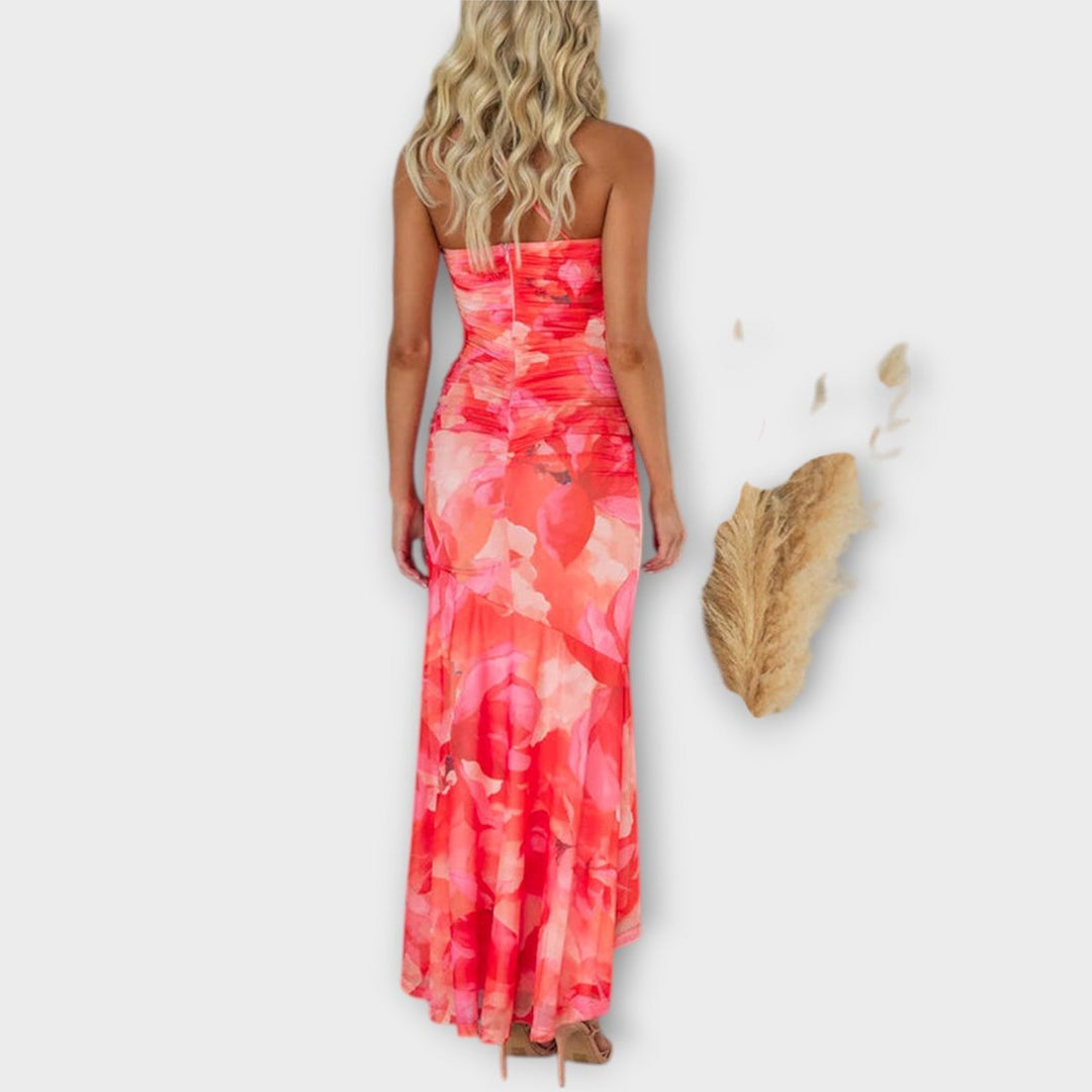 Women's Floral Asymmetric-Neck Ruched Mesh Maxi Dress