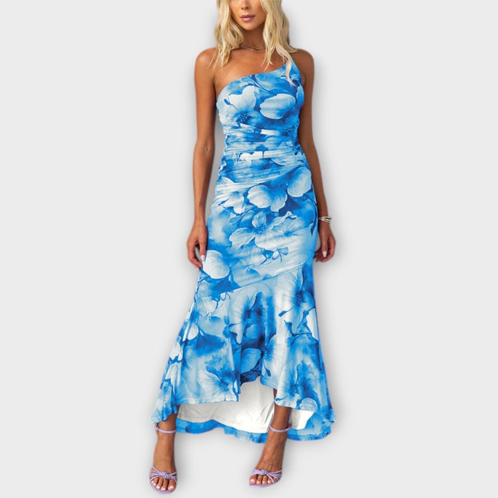 Women's Floral Asymmetric-Neck Ruched Mesh Maxi Dress - Blue