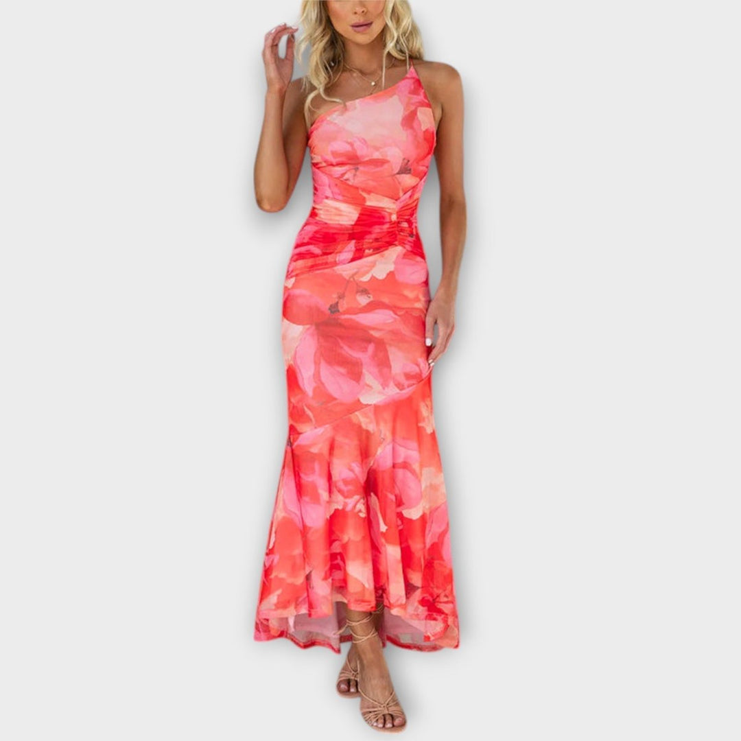 Women's Floral Asymmetric-Neck Ruched Mesh Maxi Dress - Pink