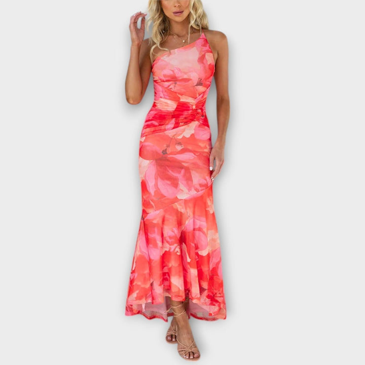 Women's Floral Asymmetric-Neck Ruched Mesh Maxi Dress - Pink