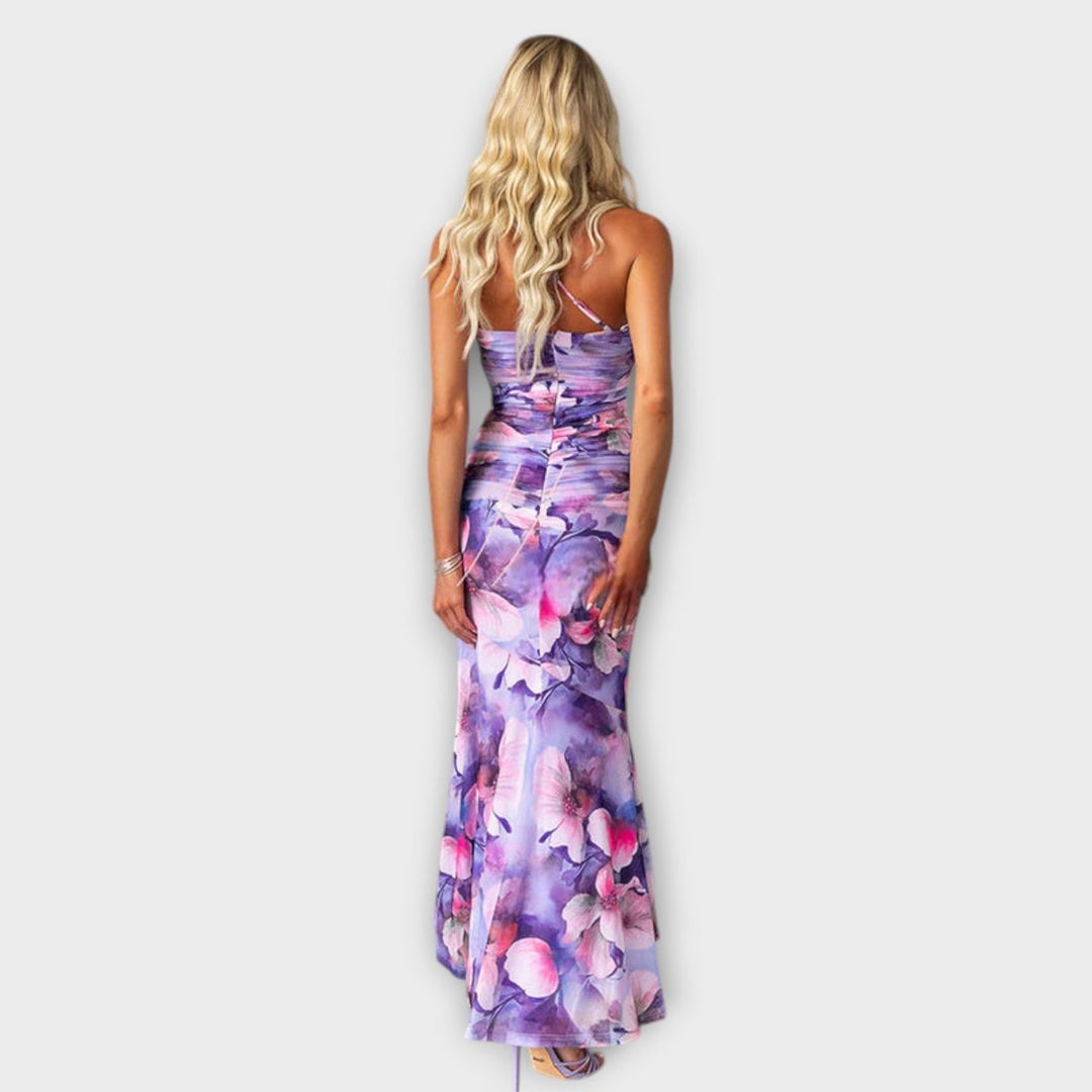 Women's Floral Asymmetric-Neck Ruched Mesh Maxi Dress