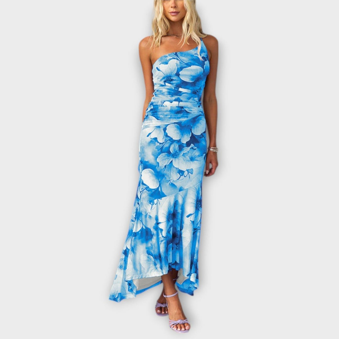 Women's Floral Asymmetric-Neck Ruched Mesh Maxi Dress