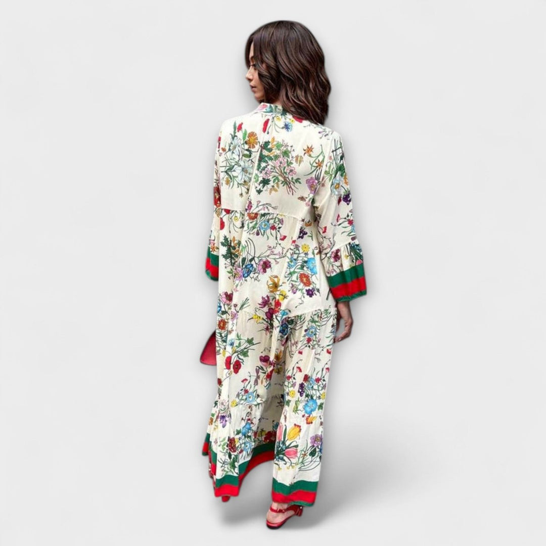 Women's Floral Bell-Sleeve Tiered Boho Maxi Dress
