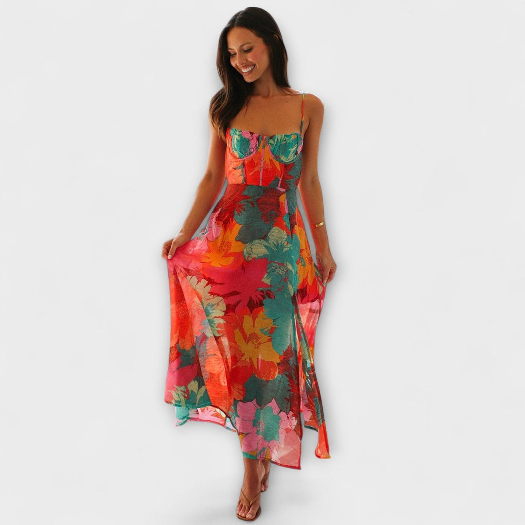 Women's Floral Bustier Spaghetti Strap Maxi Dress - Red