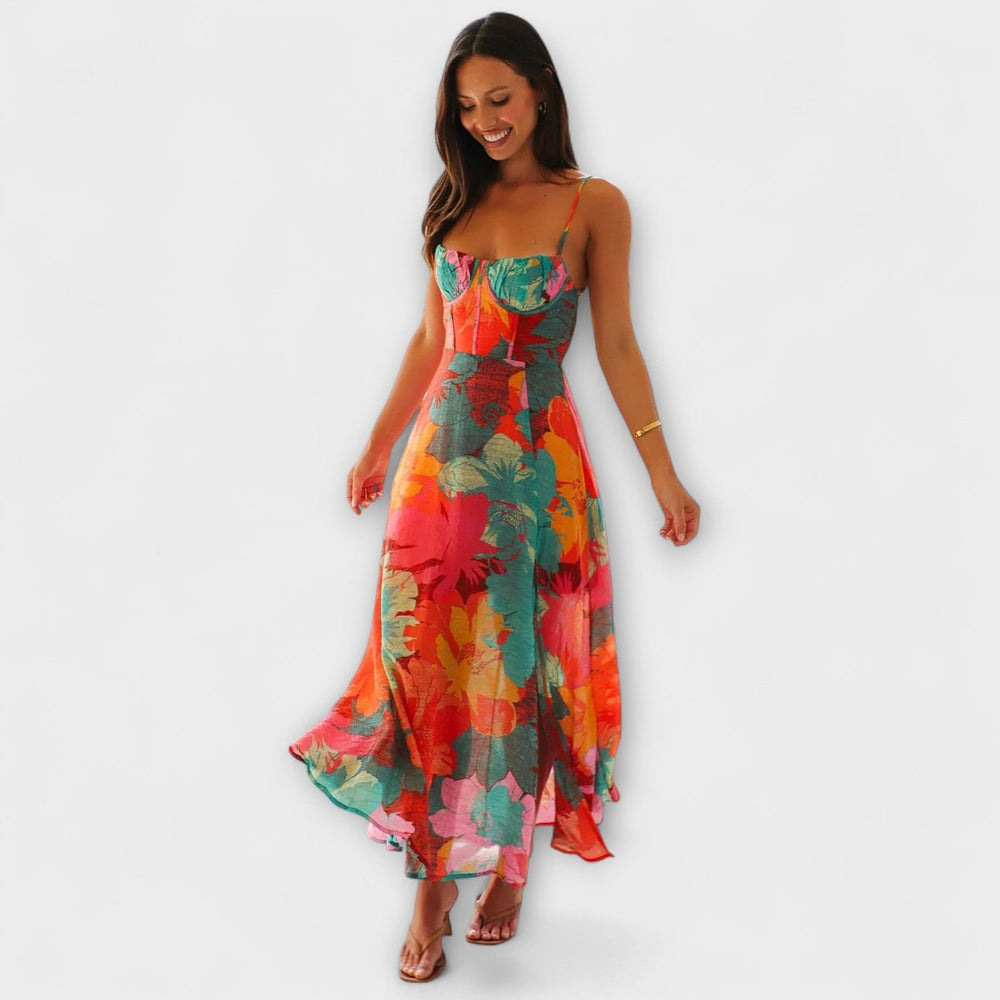 Women's Floral Bustier Spaghetti Strap Maxi Dress