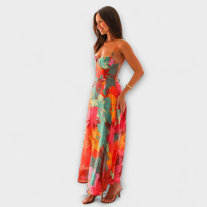 Women's Floral Bustier Spaghetti Strap Maxi Dress