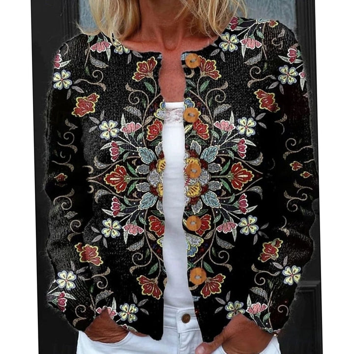 Women's Floral Button-Front Long-Sleeve Knit Cardigan - Black