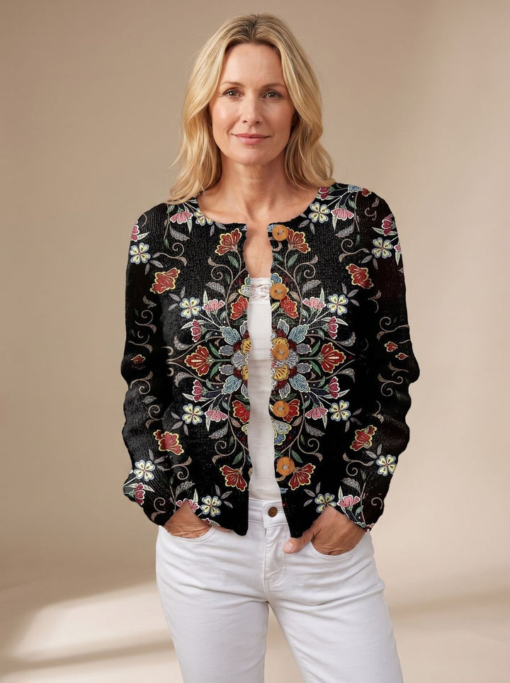 Women's Floral Button-Front Long-Sleeve Knit Cardigan, Black - Black