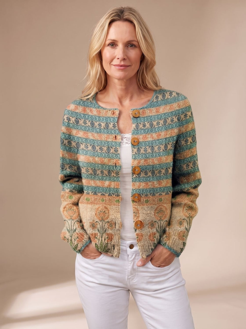 Women's Floral Button-Front Long-Sleeve Knit Cardigan, Black - Green