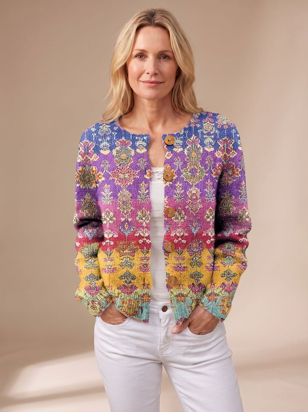 Women's Floral Button-Front Long-Sleeve Knit Cardigan, Black