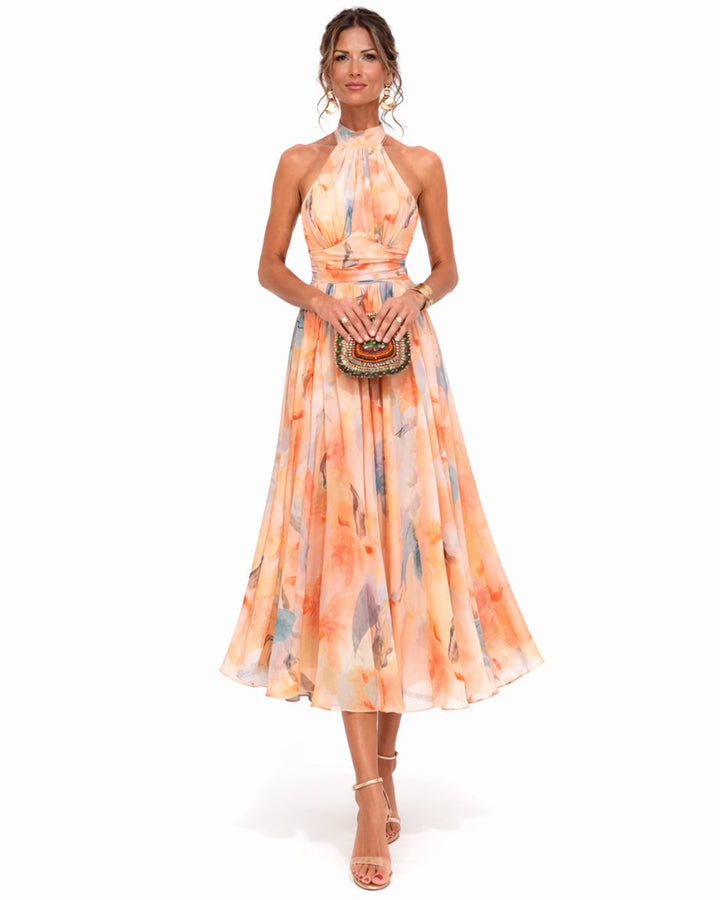Women's Floral Chiffon Halter Neck Flared Midi Dress