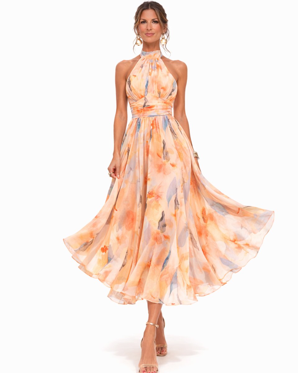 Women's Floral Chiffon Halter Neck Flared Midi Dress
