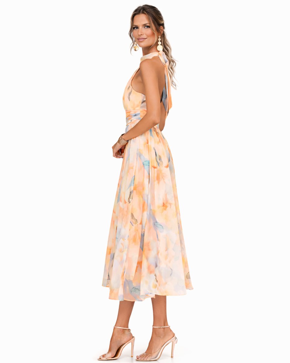Women's Floral Chiffon Halter Neck Flared Midi Dress