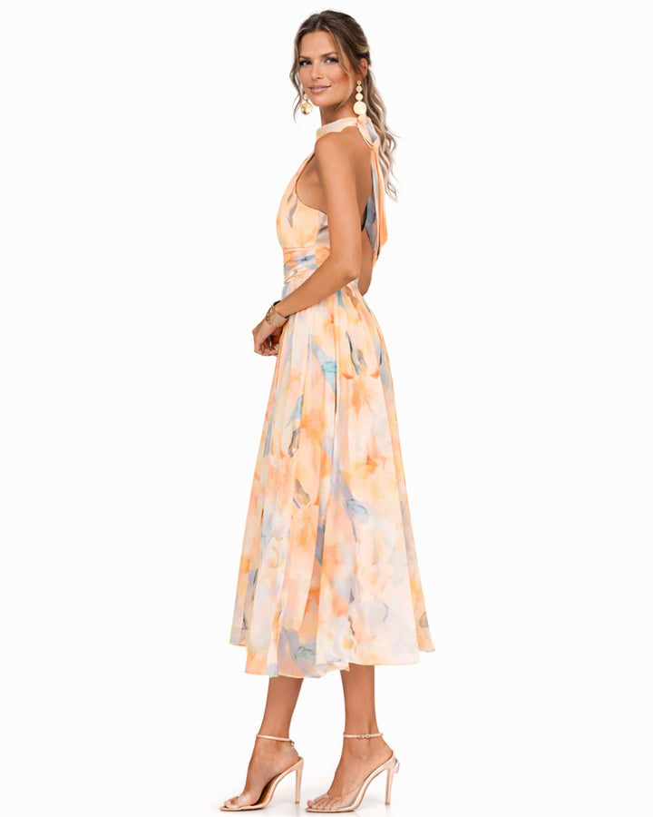 Women's Floral Chiffon Halter Neck Flared Midi Dress