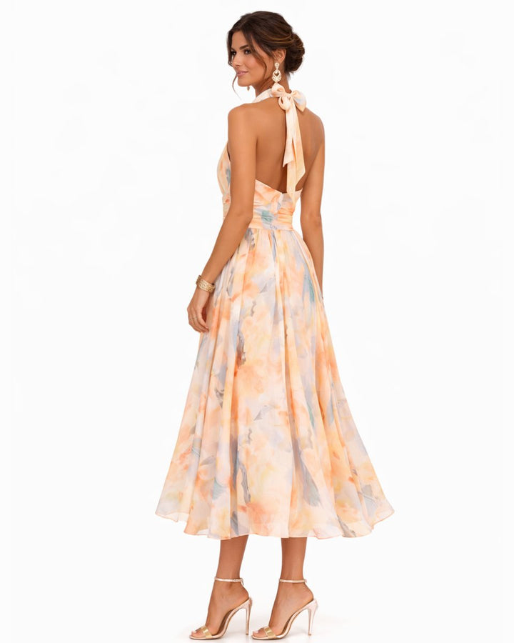 Women's Floral Chiffon Halter Neck Flared Midi Dress