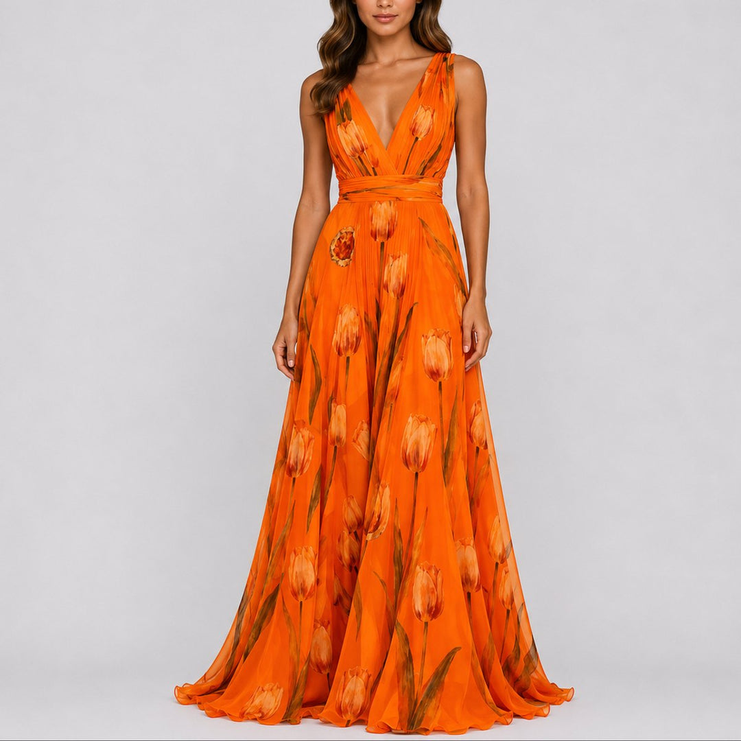 Women's Floral Chiffon V-Neck Maxi Fall Wedding Guest Dress - Orange